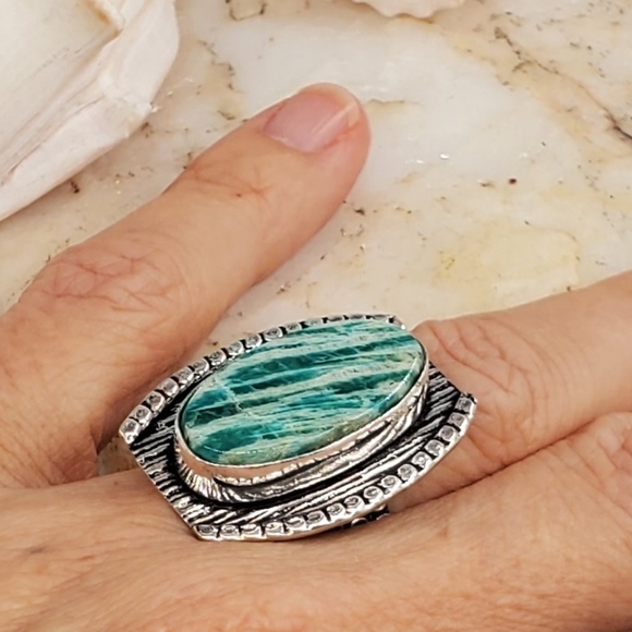 Genuine Amazonite Stone 925  Silver Ring - Picture 5 of 6